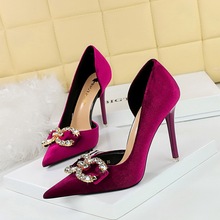 1363-K77 Banquet High Heels Slim Heel Shallow Notched Pointed Side Hollow Thickened Suede Rhinestone Button Bow Tie Single Shoe