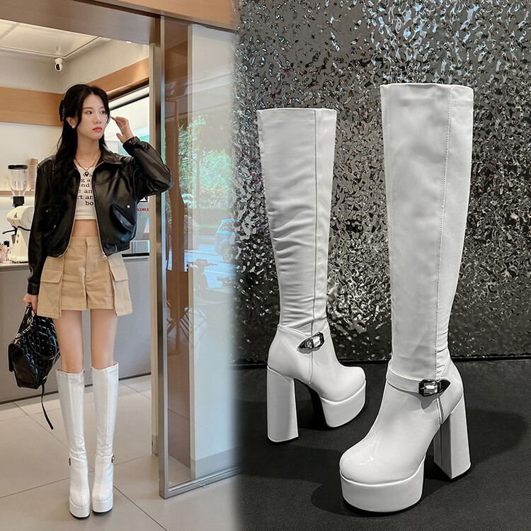 Patent leather stitching knee-length boots 2023 foreign trade autumn and winter New European and American style round toe side zipper chunky heel high heel women's boots Patent leather stitching knee-length boots 2023 foreign trade autumn and winter New European and American style round toe side zipper chunky heel high heel women's boots