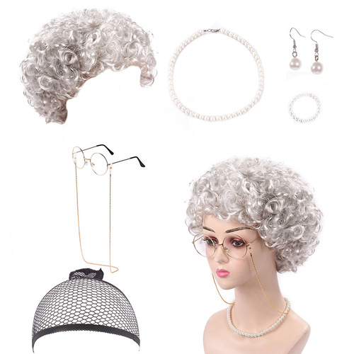 Halloween old man wig female short curly hair COS old lady silver hair performance grandma old lady hood