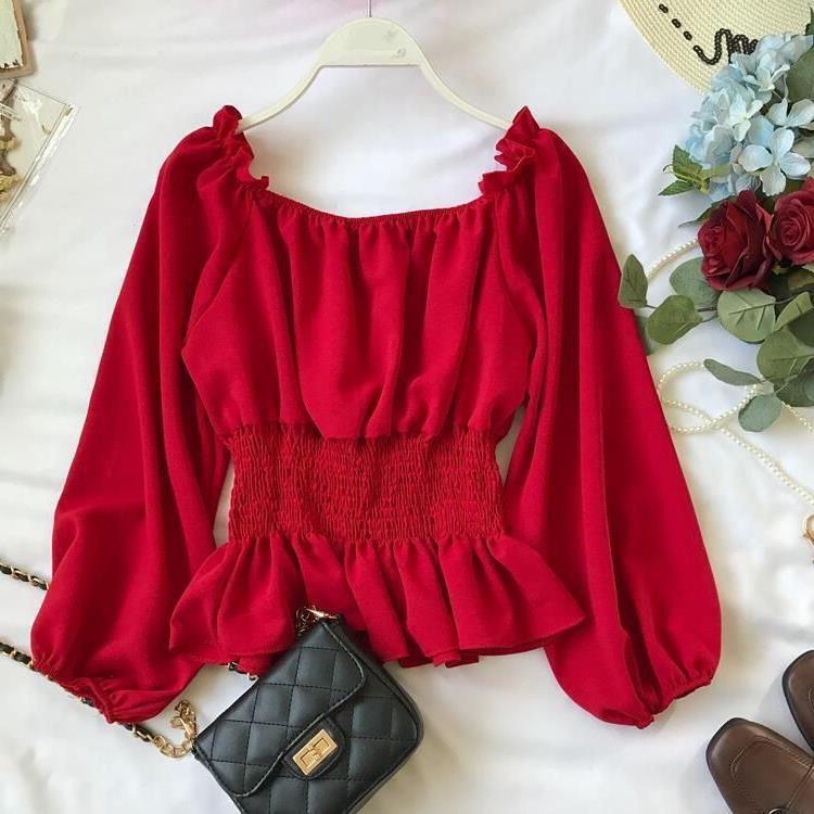 Long-sleeved chiffon shirt women's off-shoulder spring and autumn Korean-style waist slimming ruffled shirt short base top