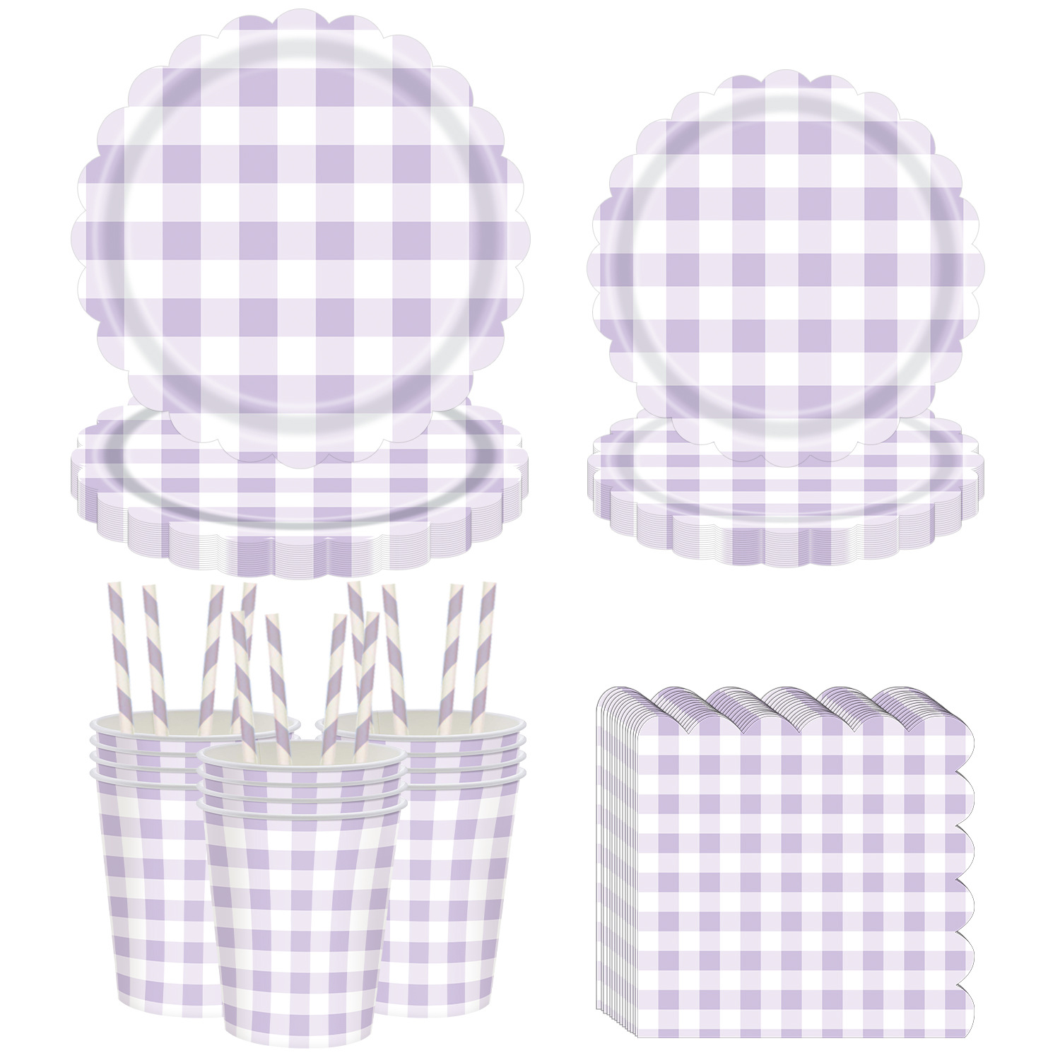 New Purple Plaid Theme Party Disposable Size Paper Plate Paper Towel Paper Cup Holiday Party Decoration Set