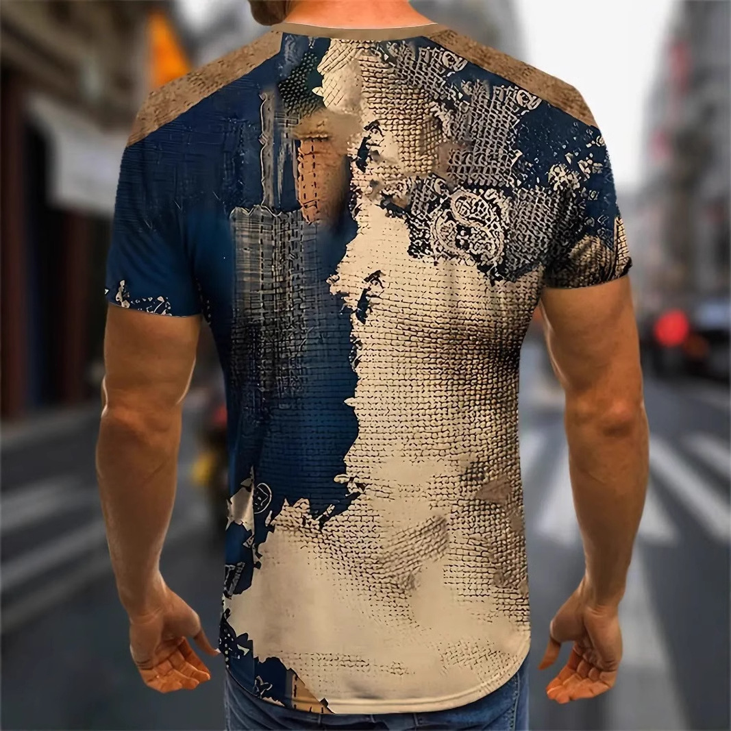Clásico tejido retro estampado 3D hombre ancho de hombro suelto y transpirable manga corta cuello redondo camiseta venta directa de fábrica