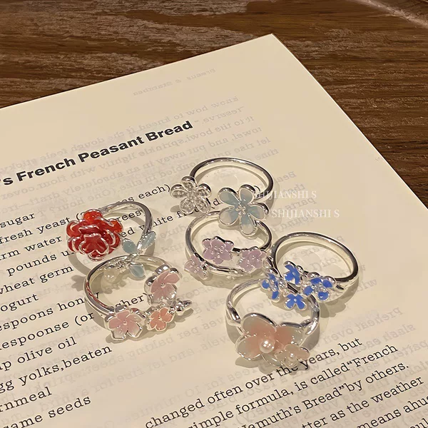 「Finger Flower Tang」Soft Enamel Flower Series Open Ring Fashionable Matching Element Layered Design Ring