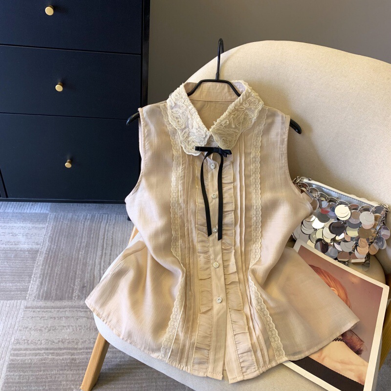 Real shot~ Sweet style ruffled sleeveless shirt for women, high-end feel, color-blocking slim-fit top Real shot~ Sweet style ruffled sleeveless shirt for women, high-end feel, color-blocking slim-fit top