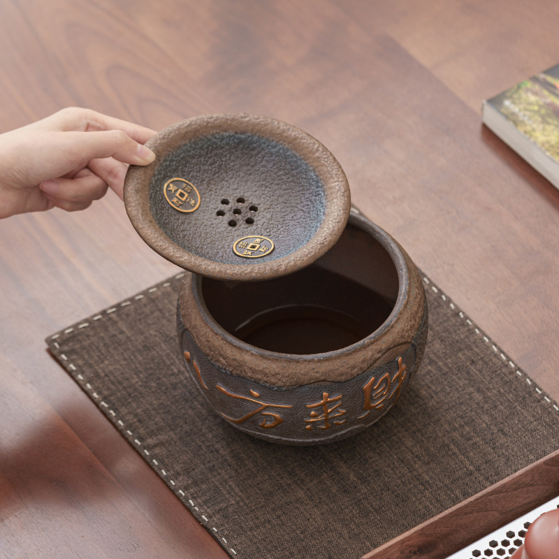 清澜粗陶建水茶渣缸复古风特大号过滤茶渣桶带盖陶瓷功夫茶洗水盂|undefined