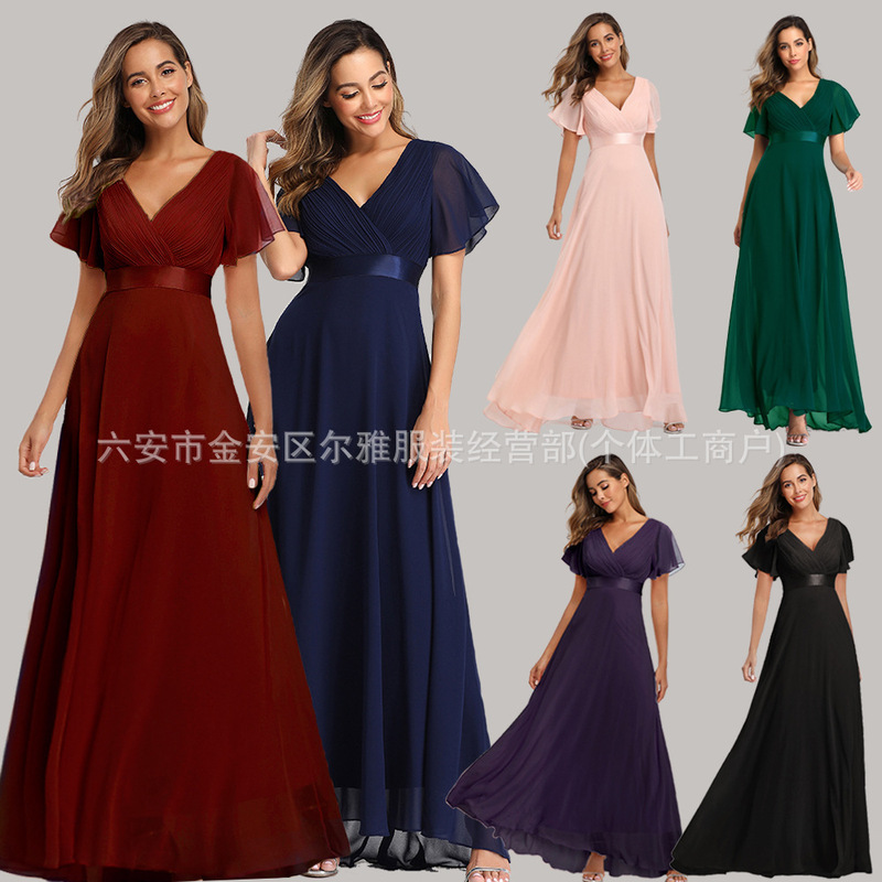 2025 New Style High-End Dress with Large Bell Sleeves, Elastic Chiffon, Suitable for Banquets, Bridesmaids, Plus-Size Prom Evening Gown