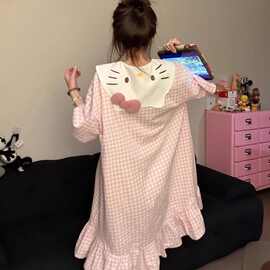 甜美hellokitty凯蒂猫粉格开衫睡裙女2025新款夏季睡衣可爱家居服