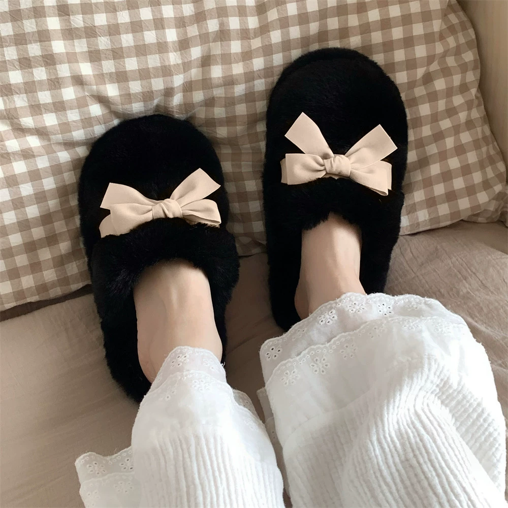 Новые осенне-зимние плюшевые тапочки с милым бантом, хлопковые тапочки для женщин, домашние повседневные теплые плюшевые тапочки.