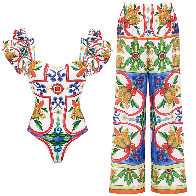 Women's Glam Retro French Style Digital Printing Asymmetrical Ruched One Piece Swimwear display picture 12