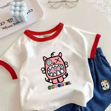 女童短袖宝宝夏季新款纯棉撞色儿童中小洋气时髦上衣百搭印花拼色