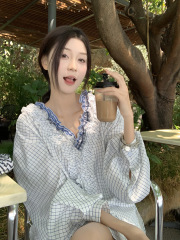 港风层叠木耳边领格子衬衫女2025春夏小众设计感独特绝美长袖上衣