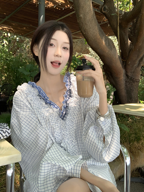 港风层叠木耳边领格子衬衫女2025春夏小众设计感独特绝美长袖上衣|undefined