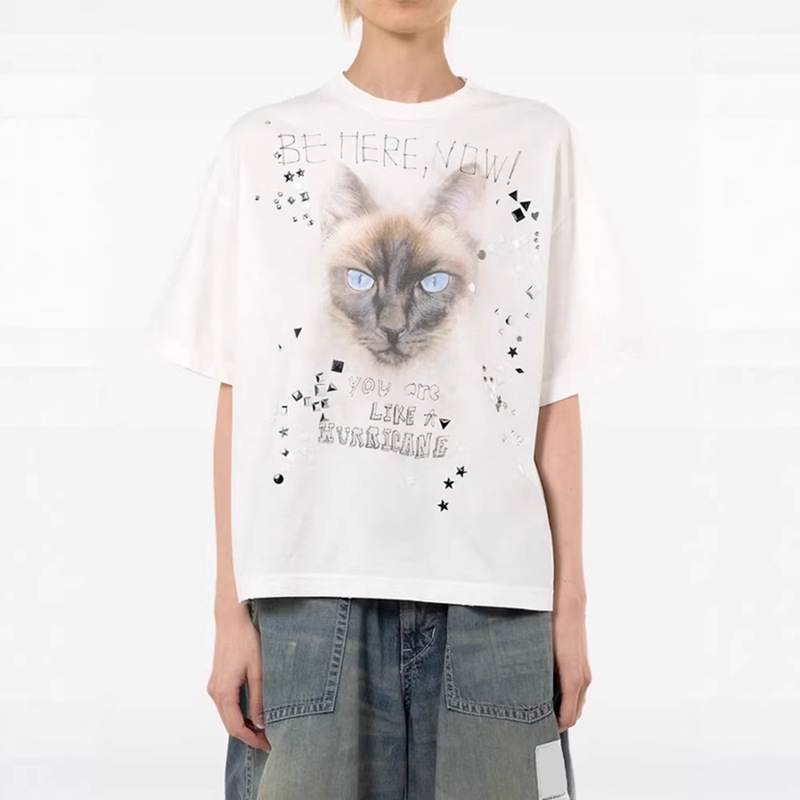 2026 Early Spring New Style Cat Letter Print Short-Sleeved T-Shirt Round Neck Sequined Loose Top for Women