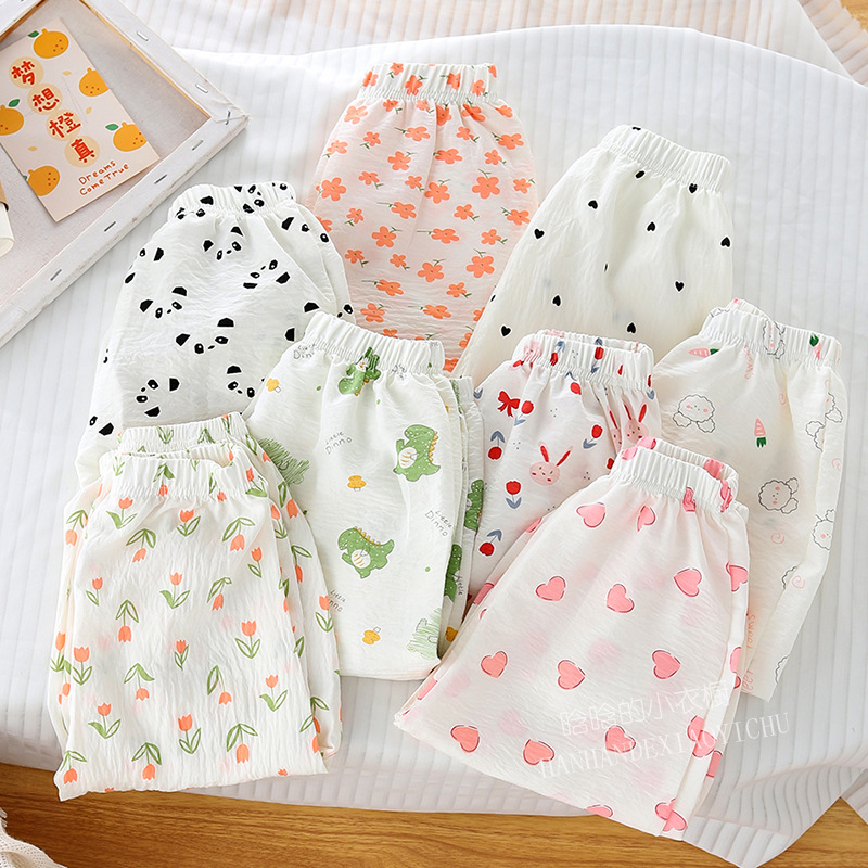 Children's Anti-mosquito Pants Summer Wear Thin Girl's Baby's Cartoon Printed Mori Cropped Bloomers Summer Small Flower Trend