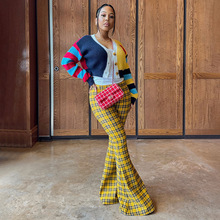 D25PT453欧美跨境时尚复古女装格子印花紧身阔腿百搭喇叭长裤批发