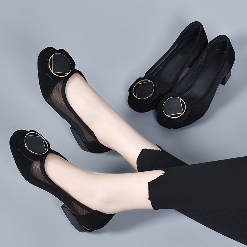 Sandal nữ quai chữ V đế mềm gót thấp 2.5 cm, chất liệu da thật lưới thoáng khí — Gót đen cao 2.5 cm
