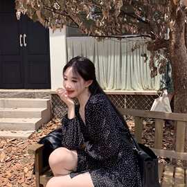 黑色波点长袖衬衫连衣裙女秋季2026新款雪纺v领短裙感a字裙子