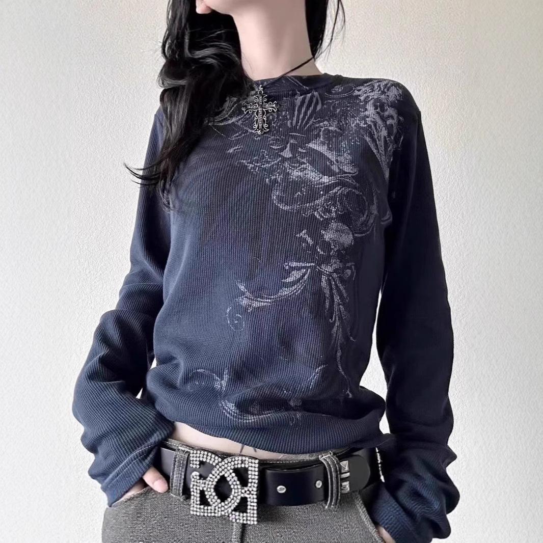 European and American Cross-Border 2025 Autum New Round Neck Long-Sleeved Y2K Street Dark Style Printed T-Shirt Top Bottoming Shirt