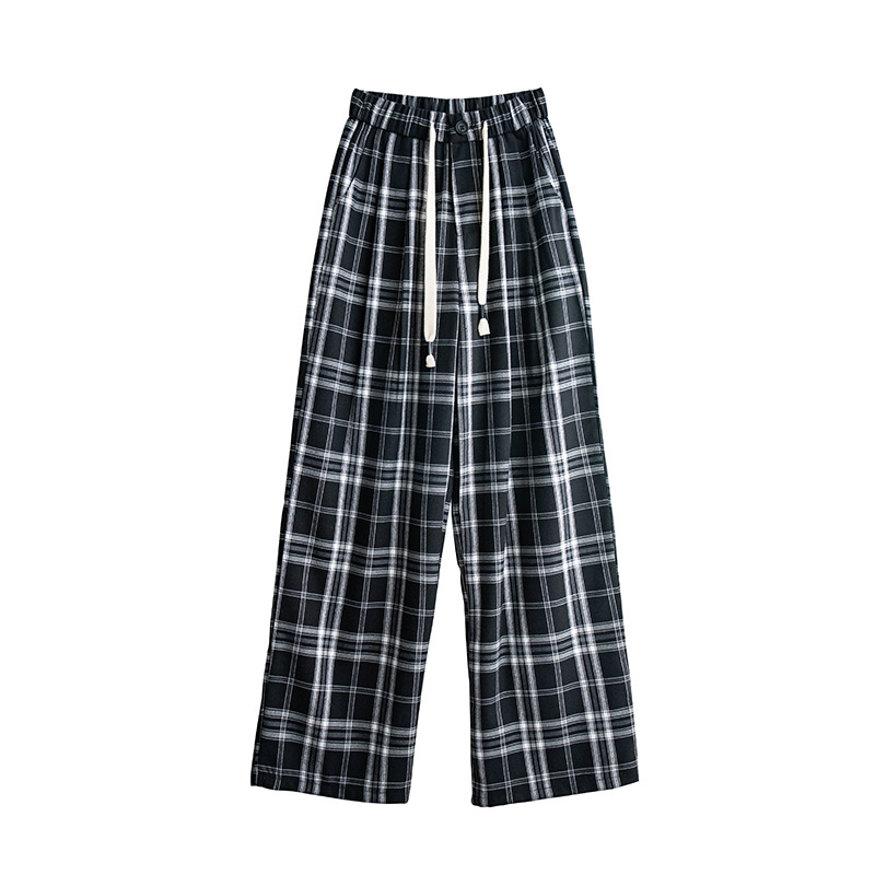 Black and White Plaid Pants Women's Pants Straight Tube Loose Spring and Summer 2024 New Retro Casual High Waist Wide Leg Plaid Pants