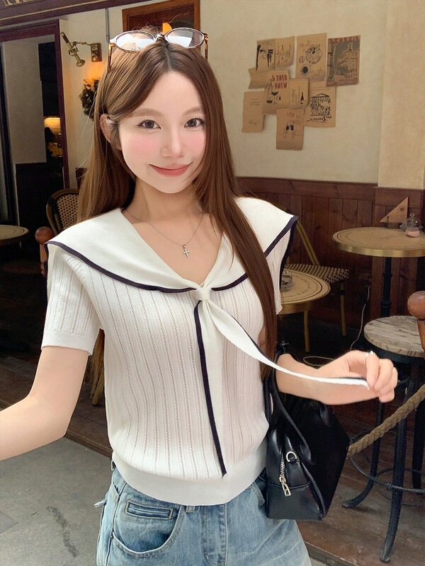 Cross-Border Foreign Trade [Cool Silk Washed Style] Korean-Style College Wind Navy Collar Tie-Up Knit Sweater for Women, Summer Age-Reducing Look