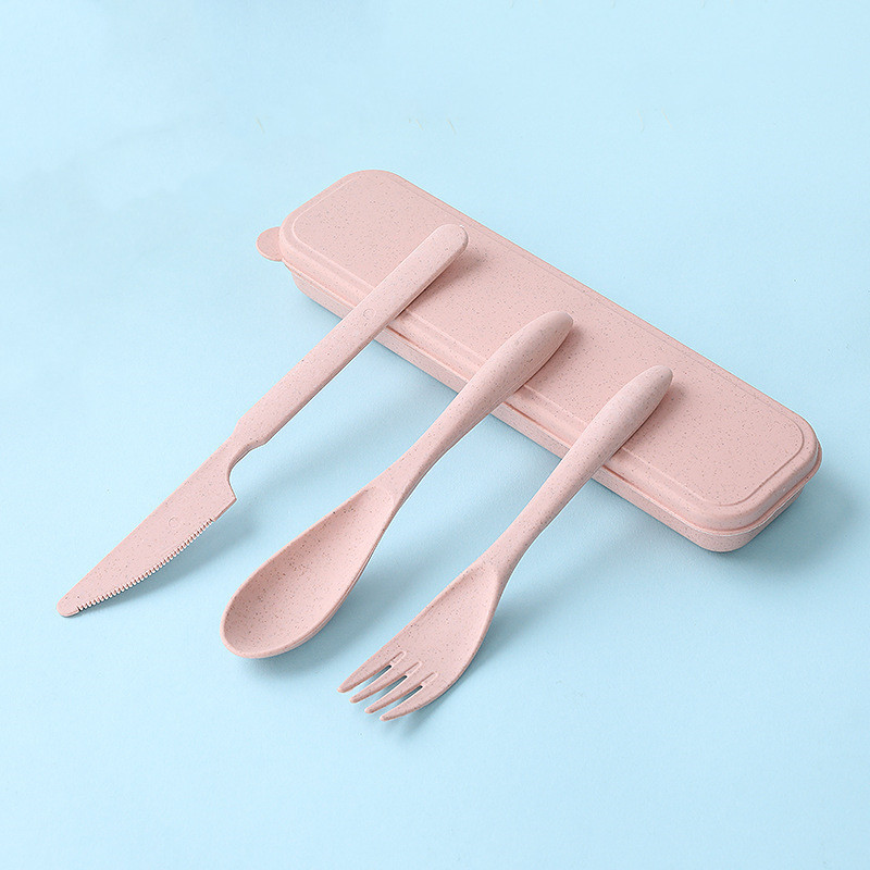 Trigo vajilla cuchillo, tenedor y cuchara de tres piezas conjunto de paja de trigo traje estudiante al aire libre vajilla portátil imprimible LOGO regalo