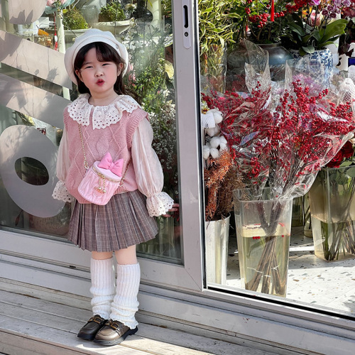 Cute bow girls bucket bag 2024 spring and summer new style style love shoulder bag children's chain crossbody bag