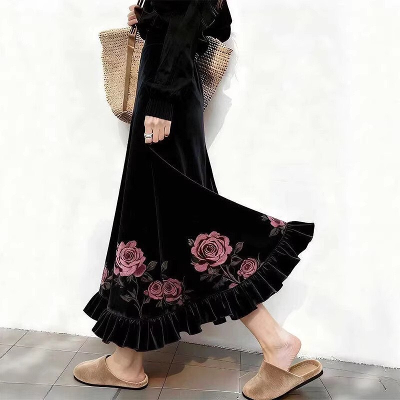 In Stock: Black Rose Print Ruffled Velvet Skirt for Women, Suitable for Winter Coats and Formal Occasions