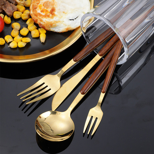 Stainless steel western food tableware steak knife, fork and spoon home hotel wooden handle knife fork spoon cross-border set wholesale