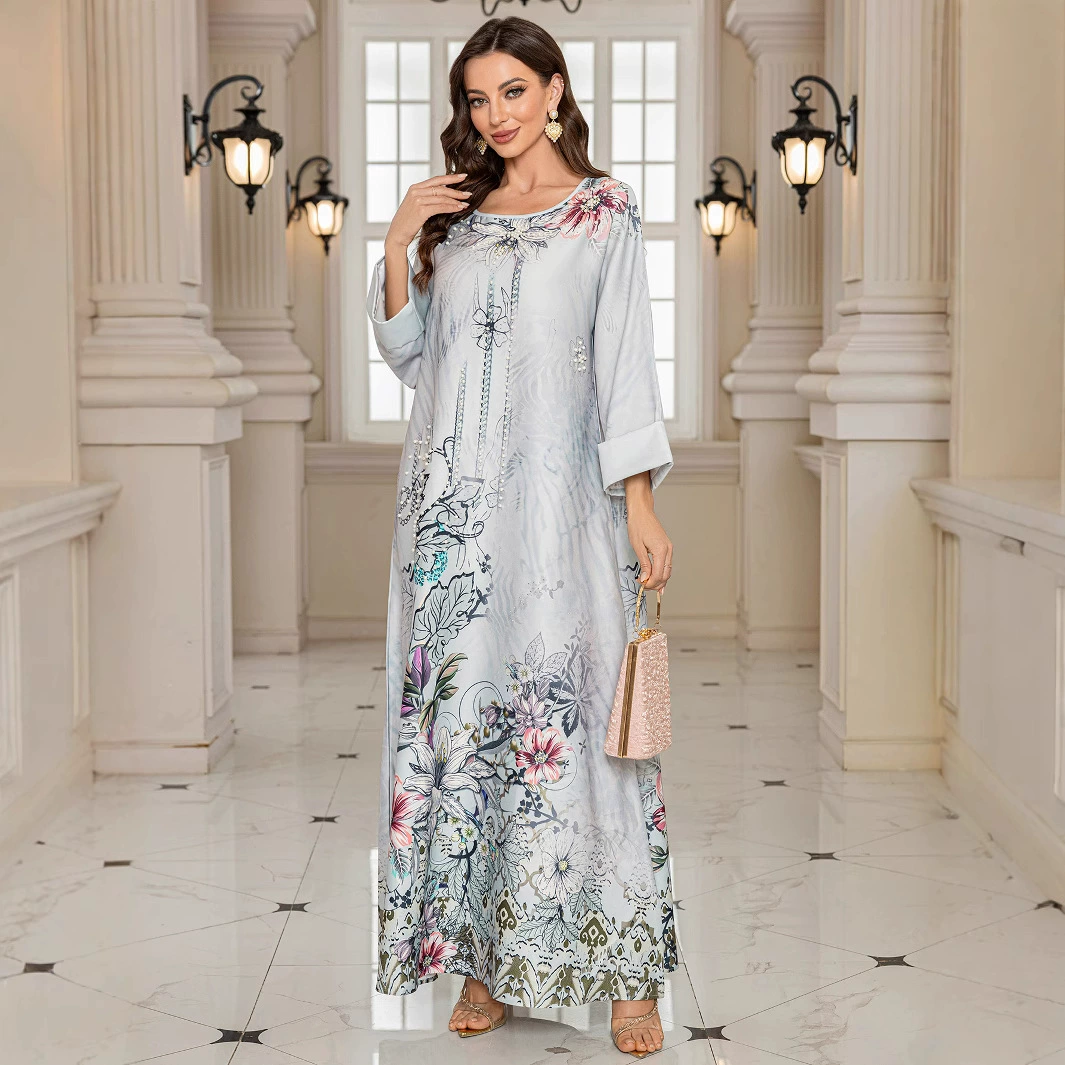 Абая, длинное платье в стиле Ближнего Востока, женская одежда для мусульманок, с принтом, стразами и бисером, с элементами цветочного орнамента.