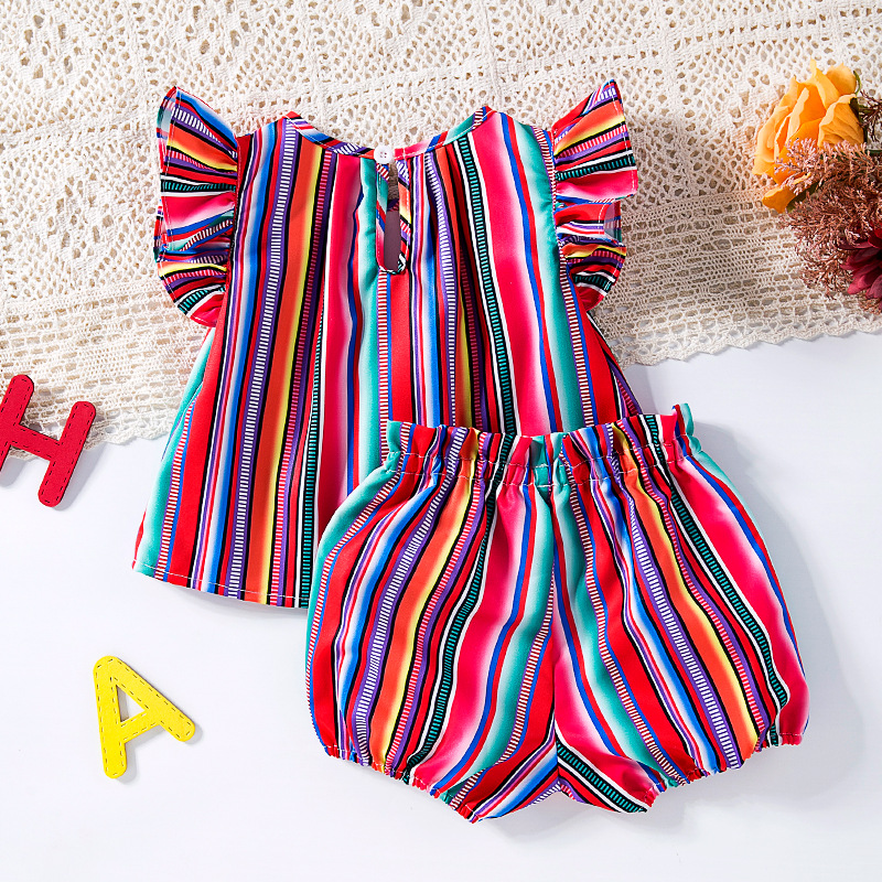 Wholesale 6M3Y Baby Girls Sets Striped Flutter Sleeve