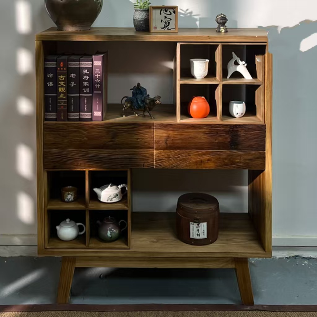 Old Elm Wood Side Cabinet, Tea Room Tableware Display Cabinet, Old Elm Wood Multi-Treasure Cabinet, Display Shelf, Entryway Tea Set Cabinet