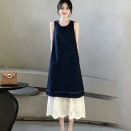 撞色蕾丝背心连衣裙女夏季法式度假风少女感无袖拼接长裙跨境批发