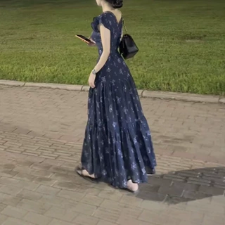 26265新大爱美依缘2026夏季新款法式碎花小飞袖收腰显瘦大摆长裙