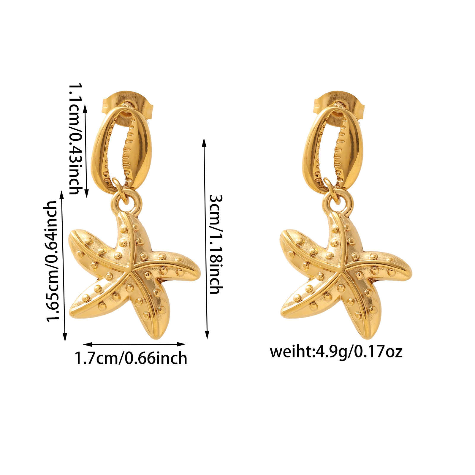 304 Stainless Steel Material Starfish, Conch, Shell Pattern 1 Pair Retro Marine Style Classic Style Starfish Conch Shell 304 Stainless Steel Drop Earrings