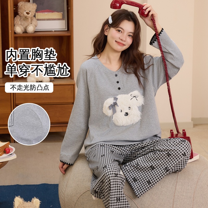 32-count pure cotton stretch pajamas for girls, 2026 autumn and winter cartoon towel embroidery long-sleeve long-pants set, sweet home wear