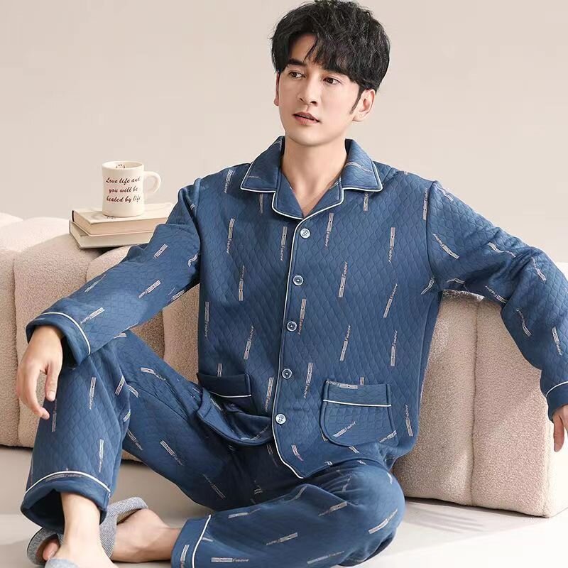 Pijama de hombre otoño y invierno engrosado aire de algodón de manga larga mezclado juvenil de mediana edad caliente primavera y otoño set de ropa de algodón casero
