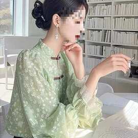 绿色新中式雪纺衬衫女2026春季新款超好看漂亮设计感小众上衣