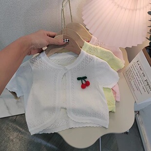 Baby Baby Girl Summer Ice Silk Thin Shawl Outwear Short-sleeved Princess Kidsren's Knitted Cardigan Cut Out Shirt