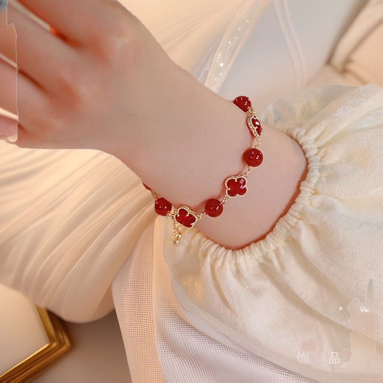 Happy Clover* Red Agate Bracelet Lucky Ins Niche Design Brightening 2023 New Model for Women