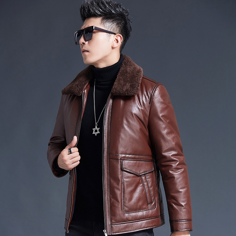 Down Jacket Men's Wool Lapel Detachable Leather Jacket Middle-Aged Business Casual Winter Warm Pure Cowhide