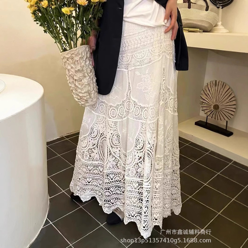 Bohemian Style Sweet Gook Hollow Pure Color Cotton Embroidered Skirt Spring Holiday Big Swing Skirt A- line Overskirt