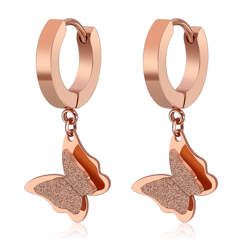 Wenjian moda titanio acero 18K oro rosa mariposa oído espárragos de las mujeres de estilo coreano esmerilado lindo dulce pendientes todo a juego
