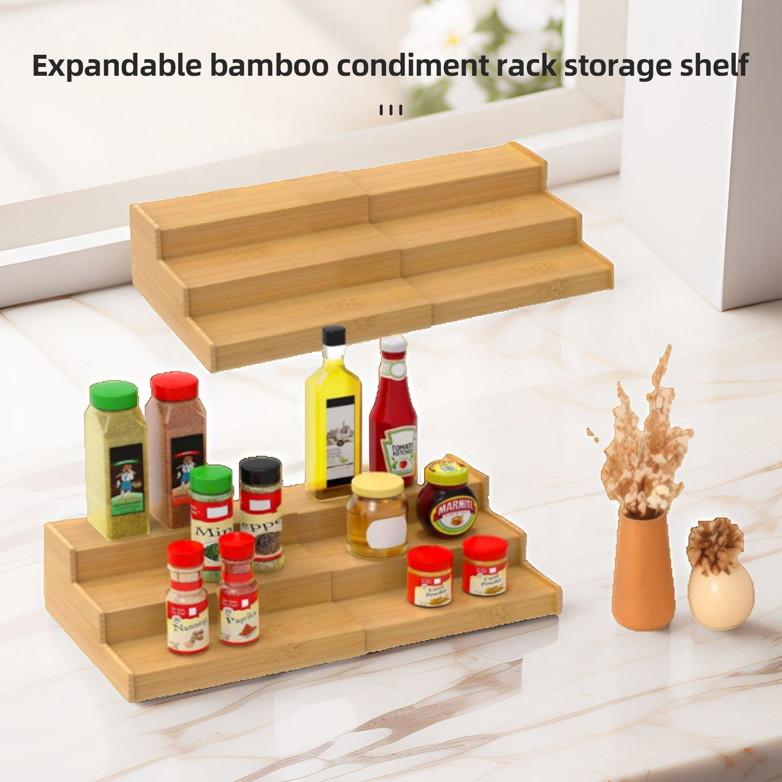 Transfronterizo venta caliente bambú condimento estante cocina retráctil de tres capas condimento estante de almacenamiento multifuncional almacenamiento extensible
