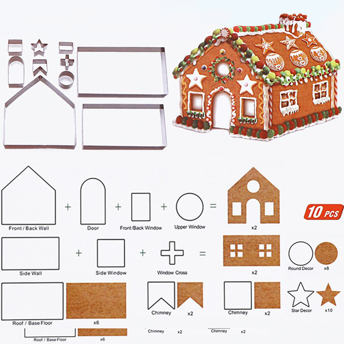 新品3D立体不锈钢饼干模具圣诞节姜饼屋10件套烘焙工具现货批发