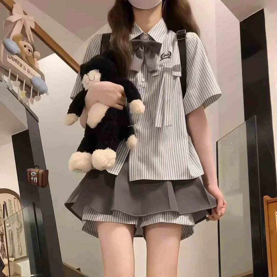 Korean Jk Uniform Preppy Style Short Skirt Suit for Women Summer Petite Stripesd Short-Sleeved Shirt and Skirt Two-Piece Set