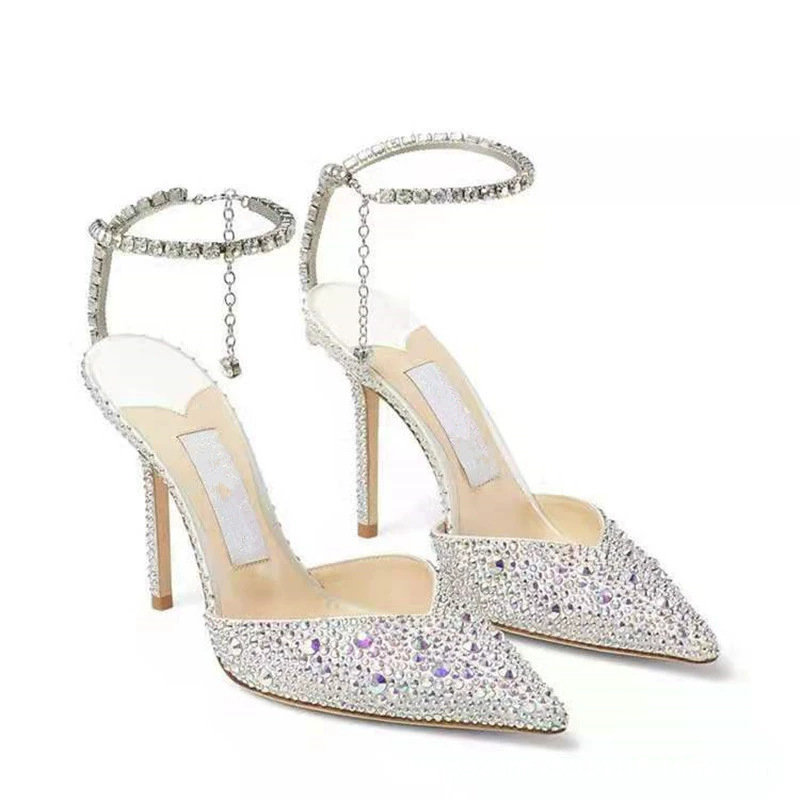 Summer high heels with rhinestones low-cut pointed-toe