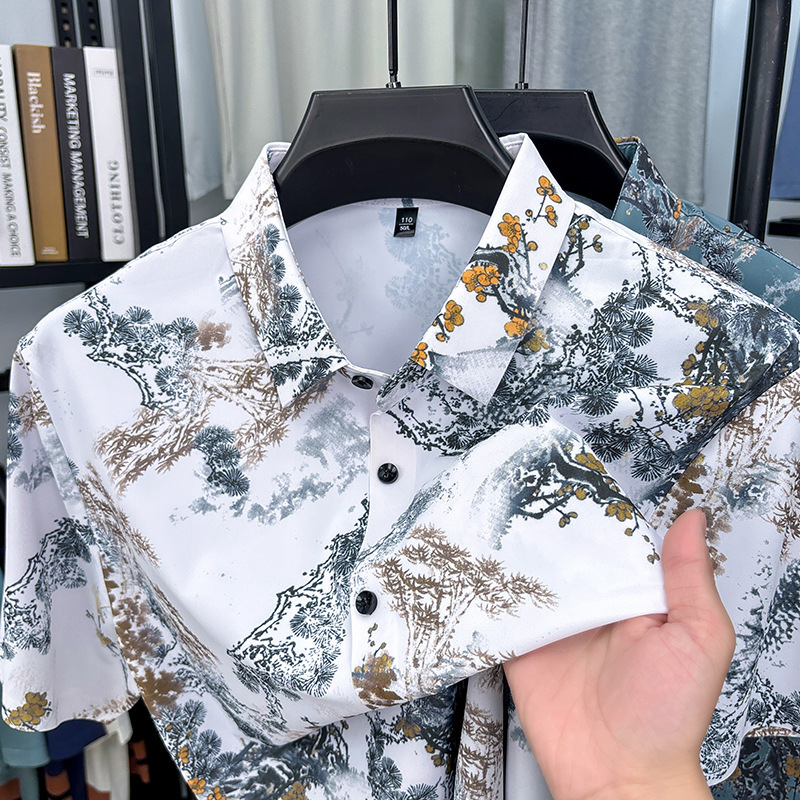 Summer New Style Seamless Digital Printed Short-Sleeved Shirt for Men with Lapel, Ice Silk Cool Feel, Fashionable High-Elastic Shirt for Men