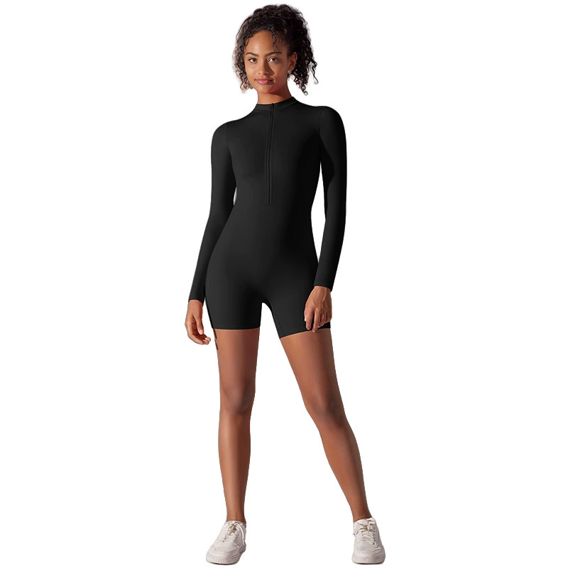 Sports bodysuit full-body with zipper, yoga clothing, underwear for hips shape correction, long-sleeve for gym, autumn, European style, fitted, for running