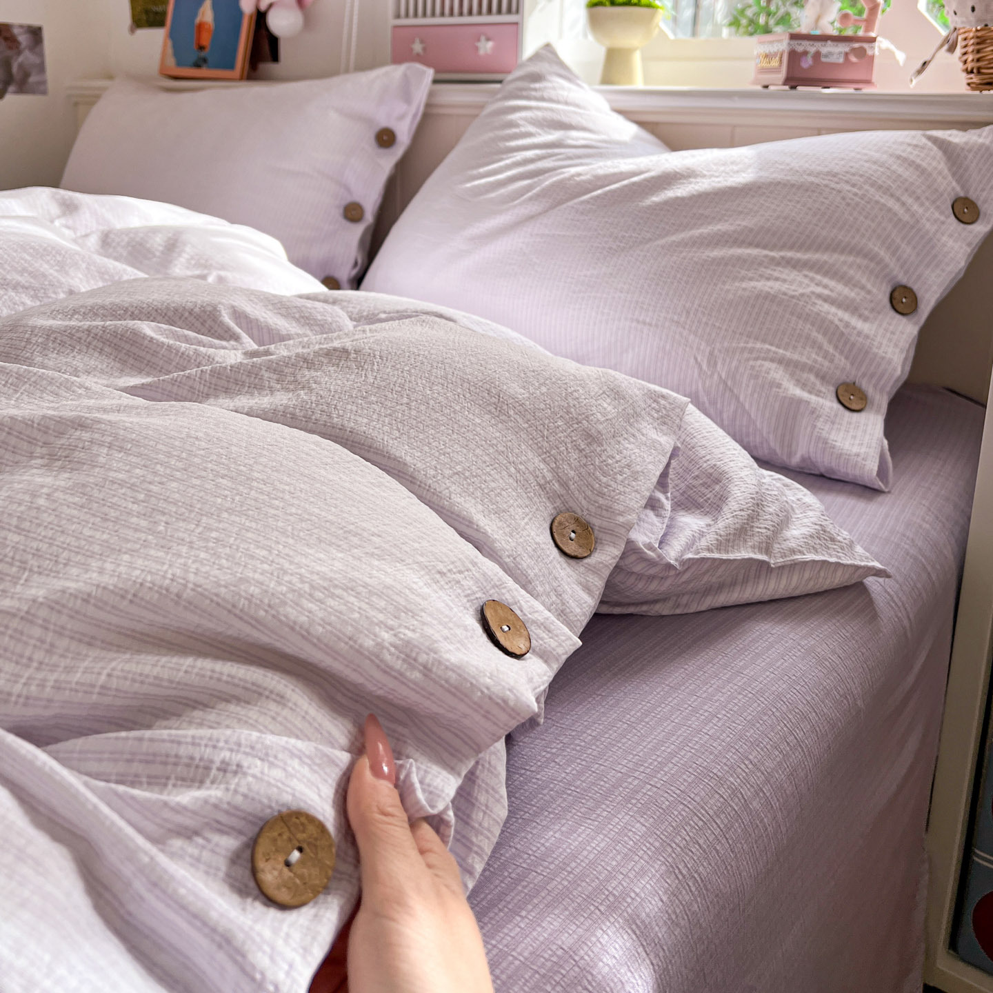 2026 primavera y verano nuevo no impresa Feng Shui lavado jacquard botón cuatro piezas dormitorio de estudiantes 1,2 metros cama tres piezas