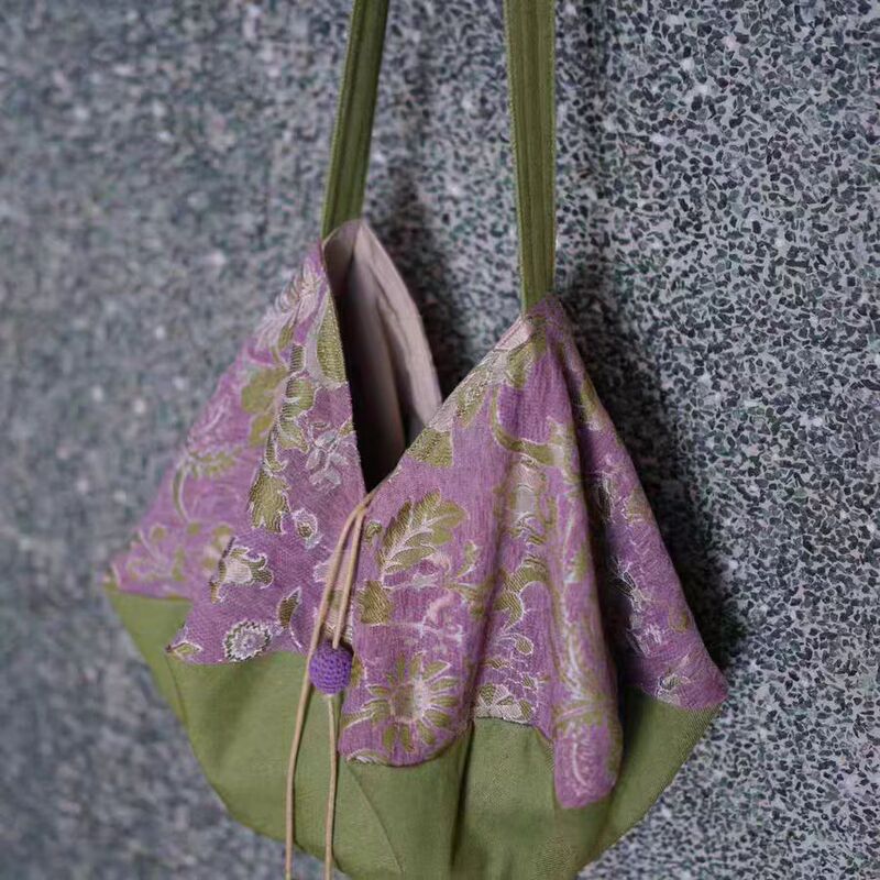 Sapana2026 Spring and Summer Fruit Green and Light Purple Color-Blocking Floral Pastoral Style Retro Jacquard Patchwork Octagonal Shoulder Bag